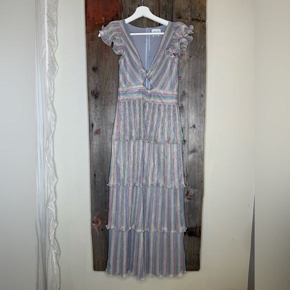 Saylor Lyla Metallic Rainbow Stripe Tiered Cocktail Dress size XS - Picture 3 of 15